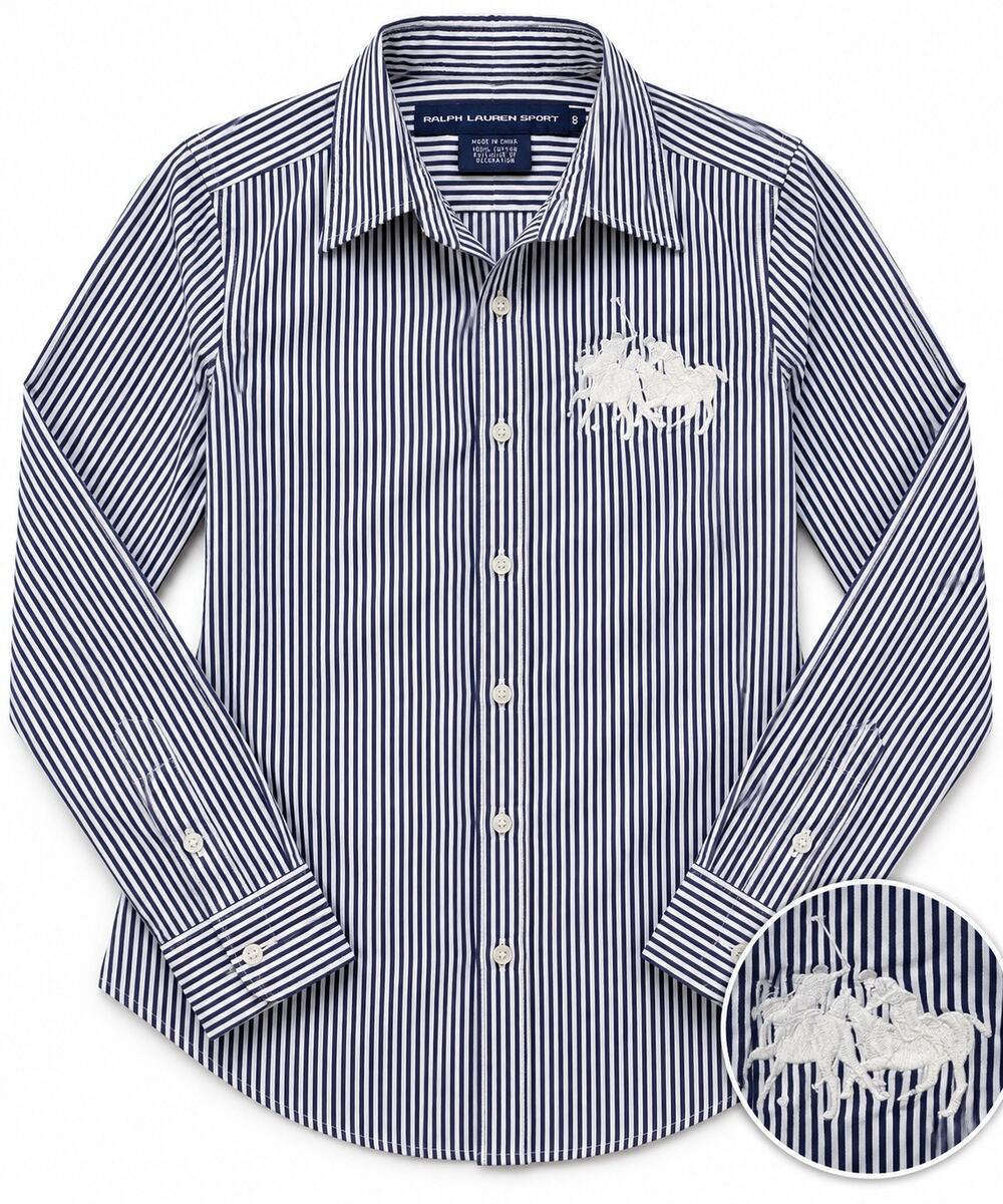 Ralph Lauren Sport Women 8 Big Pony Striped Button Down Shirt Cotton Navy White